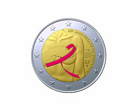 法国巴黎钱币博物馆为乳腺癌防治运动 25 周年设计了一枚粉红丝带纪念币。 